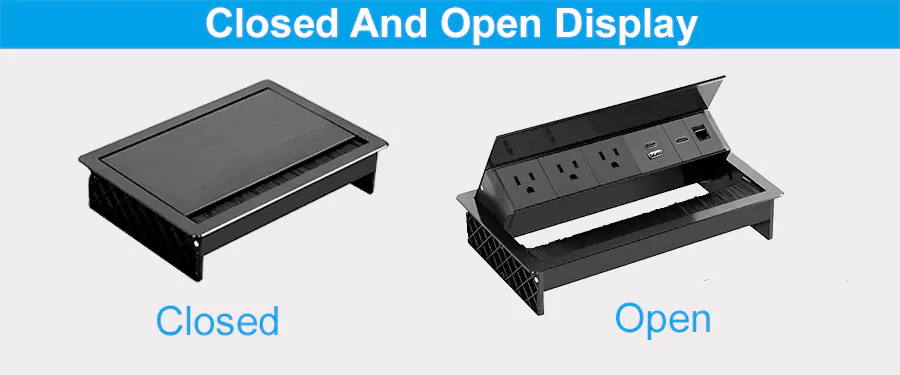 NPR-F1584 embedded power strip open and installed on a modern office conference table