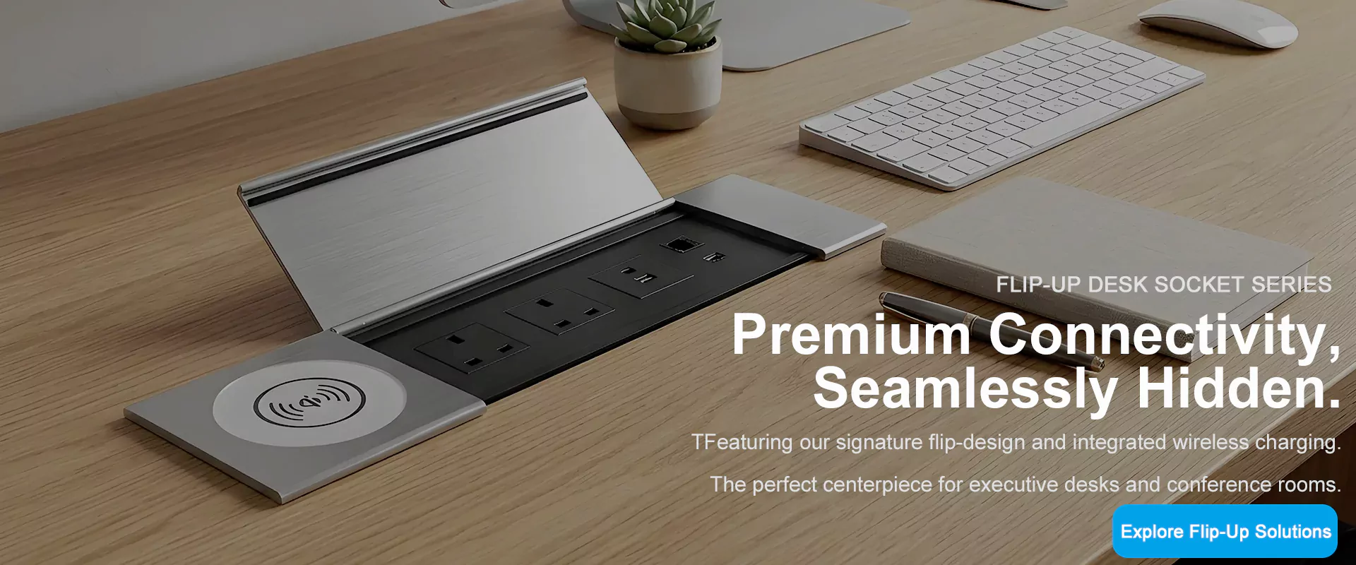 Premium aluminum flip-up desk socket with integrated wireless charging and data modules for executive conference rooms.