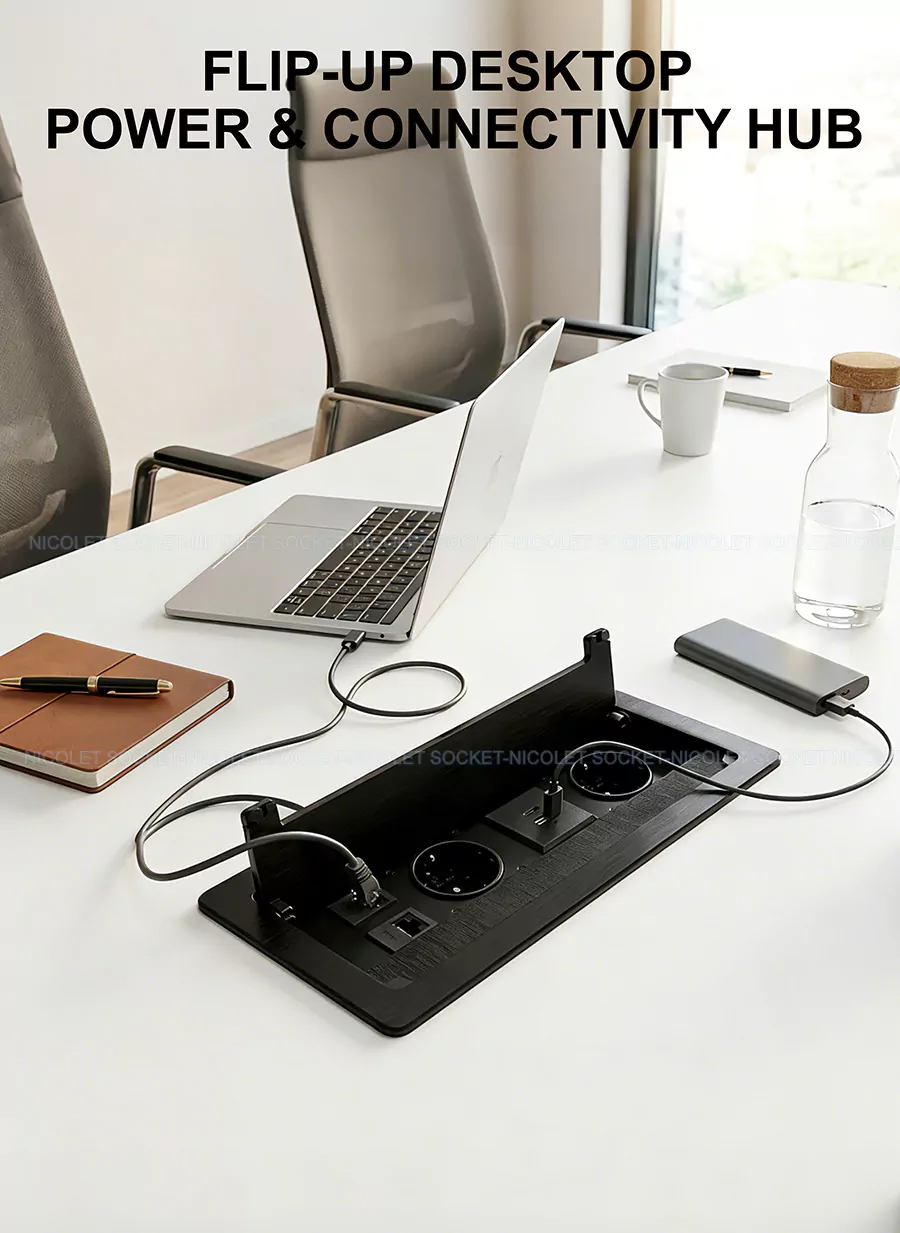 Universal Flip-Up Desk Sockets with USB, VGA, HDMI, CAT6 RJ45 for Conference Room | Nicolet NPR-L0214 Flip-Up Desk Sockets with USB