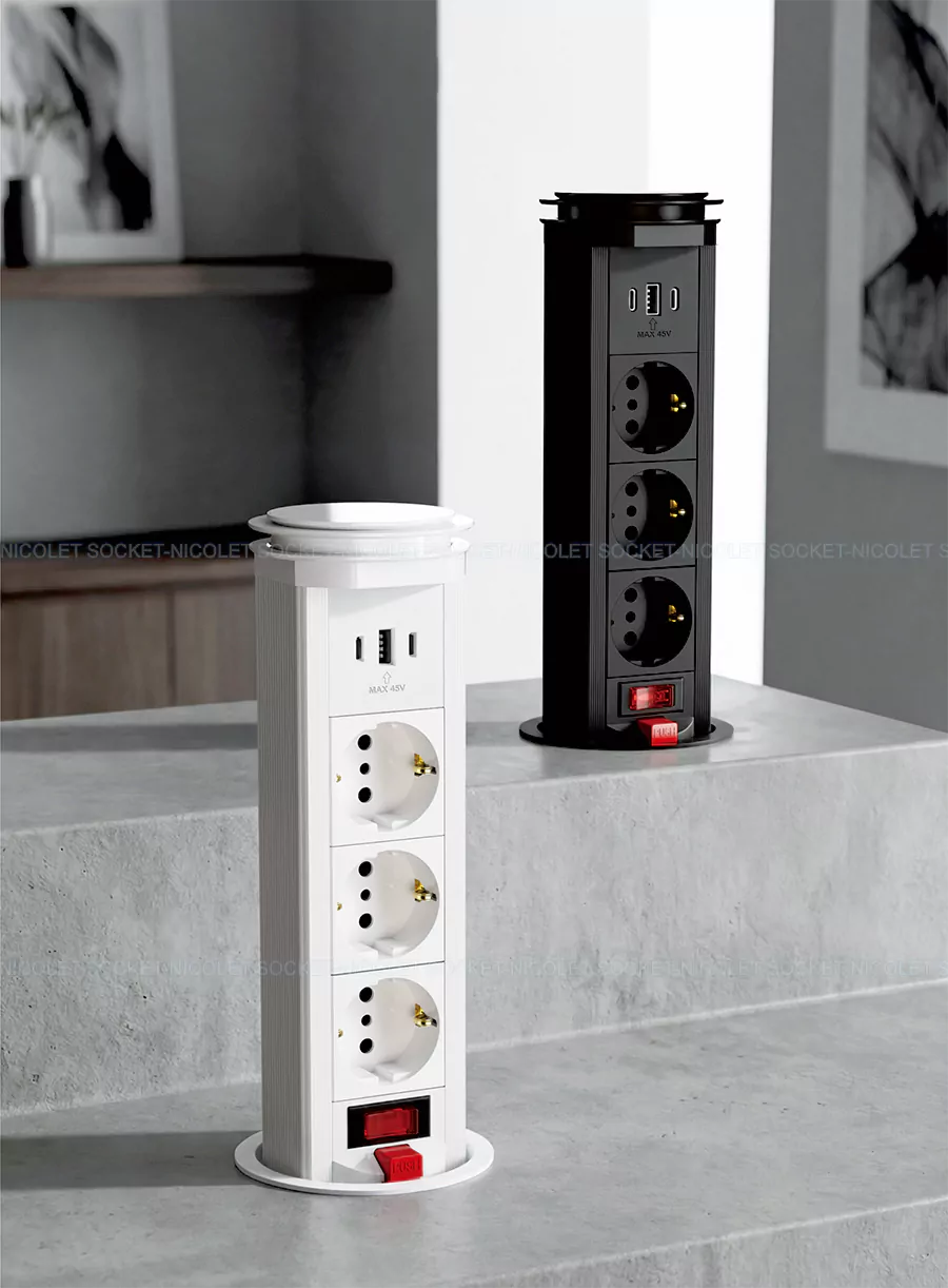 US Manual Pull-Up Desk Sockets With USB-A+2*USB-C for TV cabinets | Nicolet NPR-0800 Manual Pull-Up Desk Sockets