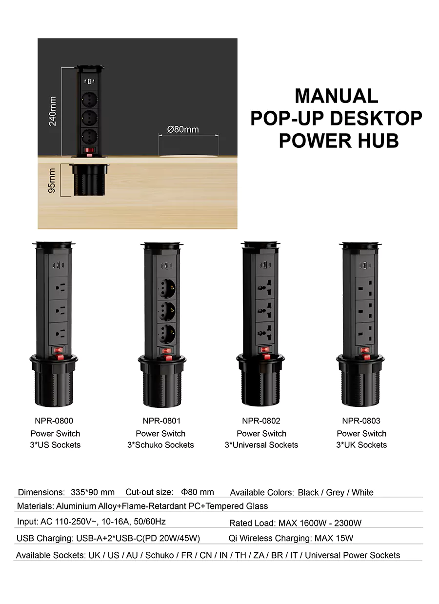 US Manual Pull-Up Desk Sockets With USB-A+2*USB-C for TV cabinets | Nicolet NPR-0800 Manual Pull-Up Desk Sockets