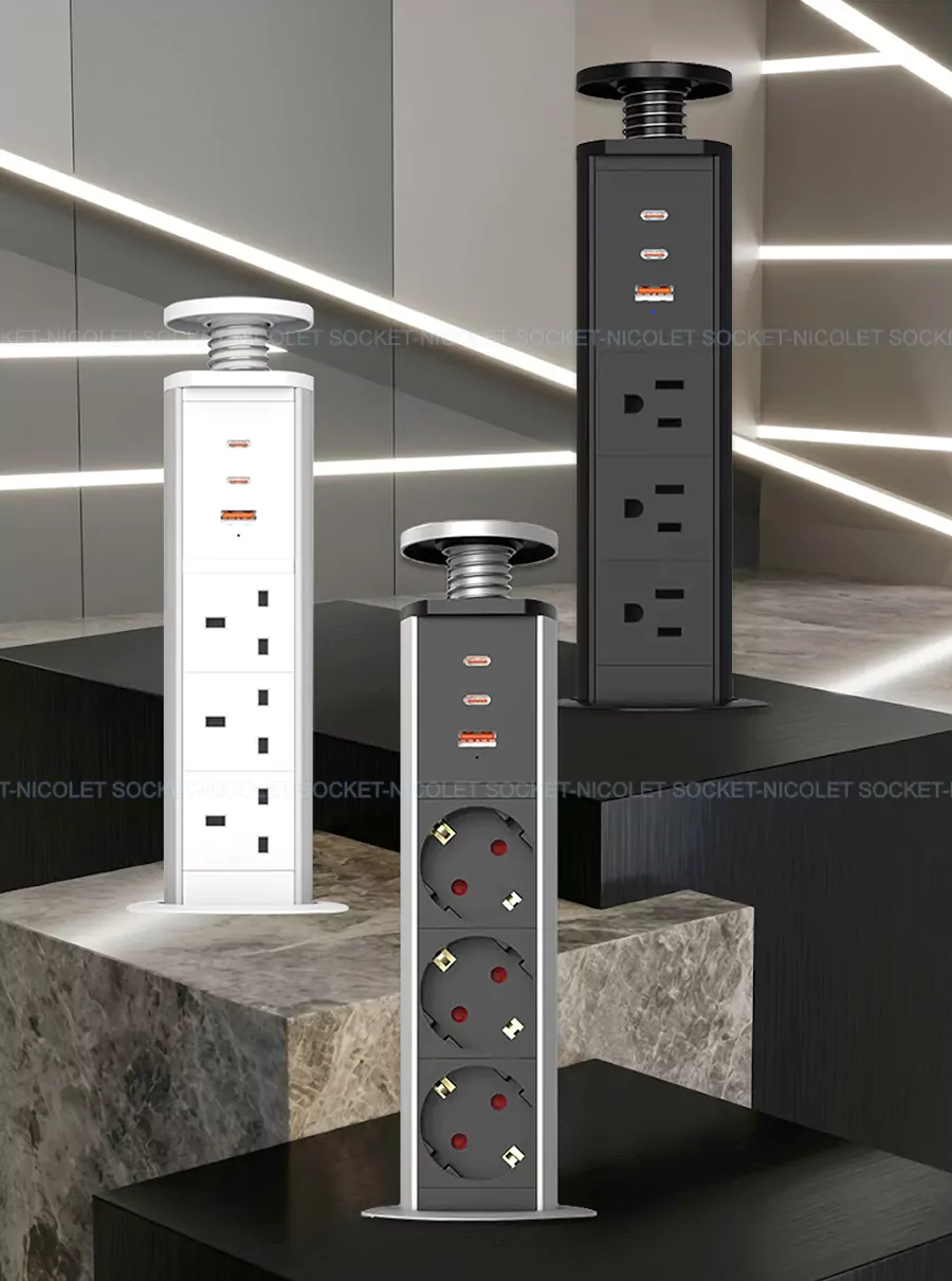 Manual Pull-Up Multifunctional Desk Sockets With USB-A+2*USB-C for office desk | Nicolet NPR-0600 Manual Pull-Up Multifunctional Desk Sockets