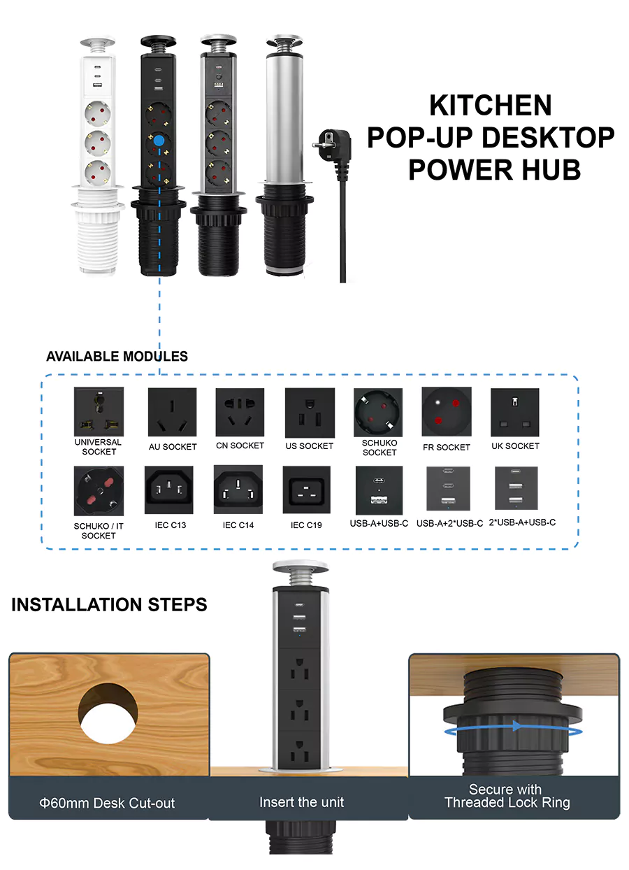 Manual Pull-Up Multifunctional Desk Sockets With USB-A+2*USB-C for office desk | Nicolet NPR-0600 Manual Pull-Up Multifunctional Desk Sockets