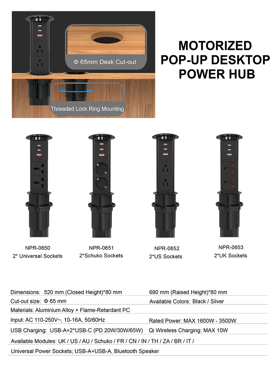 Motorized Pop-Up Recessed Desk Sockets With Qi Wireless Charging