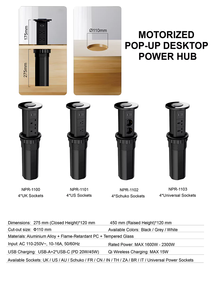 Motorized Pop-Up Desktop Sockets With Qi Wireless Charging