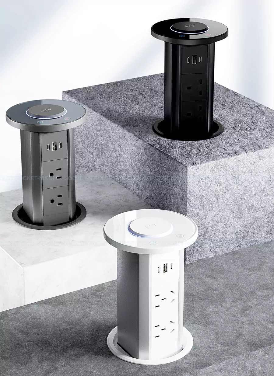 Motorized Pop-Up Desktop Sockets With Qi Wireless Charging