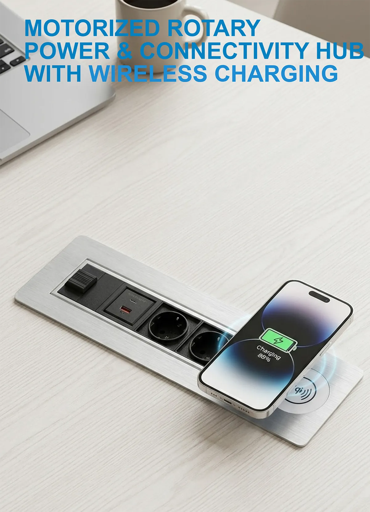 motorized rotating desk socket with wireless charger aluminum for office table | nicolet