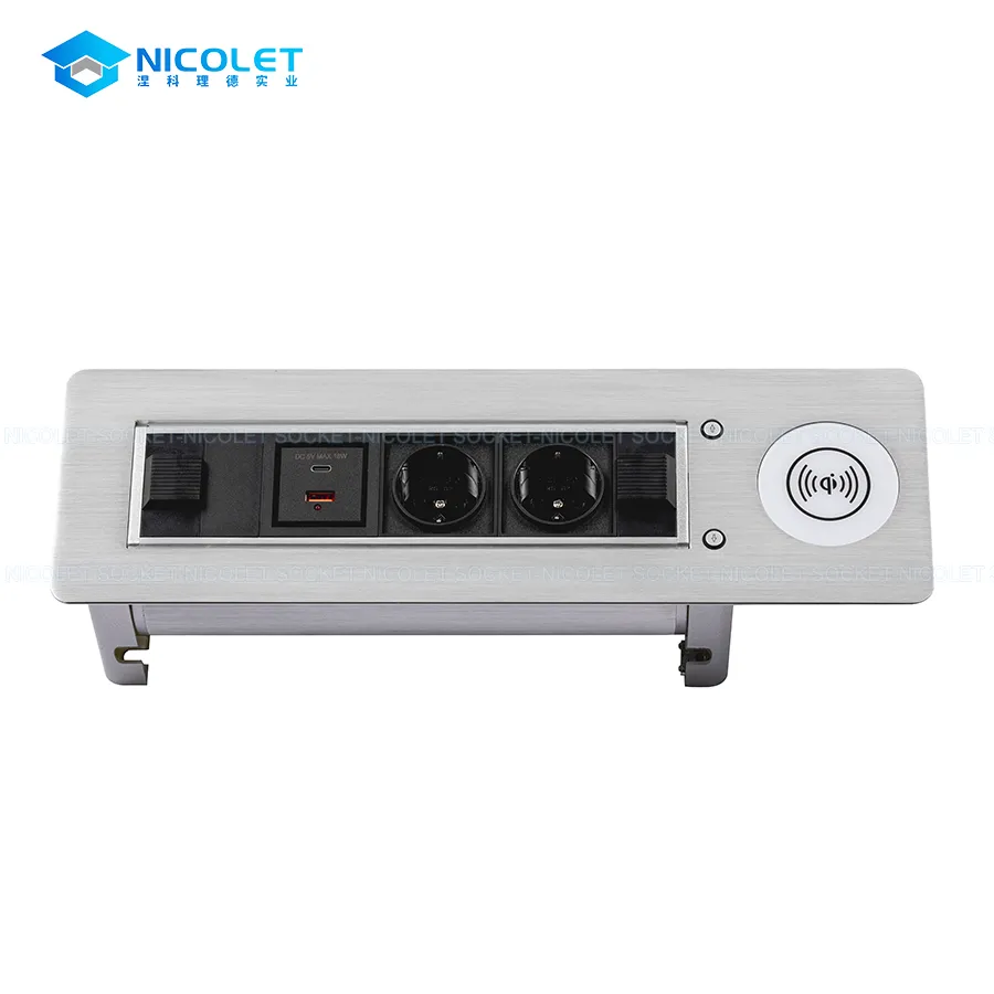 Motorized Rotating Desk Sockets & Modules motorized rotating desk socket with wireless charger aluminum for office table | nicolet