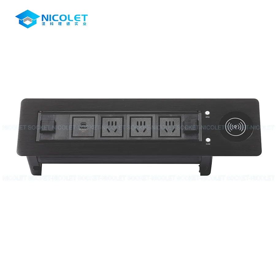 Motorized Rotating Desk Sockets & Modules motorized rotating desk socket with wireless charger aluminum for office table | nicolet