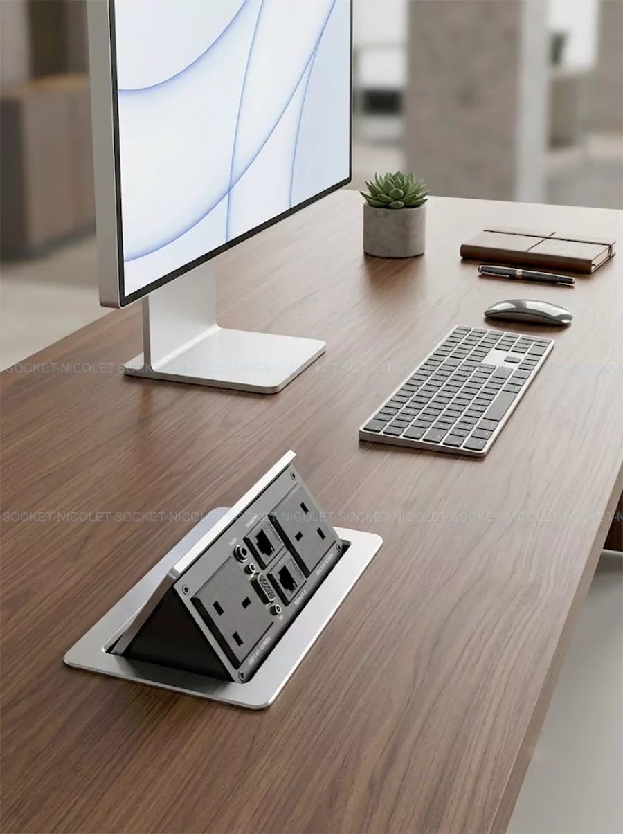 Multimedia Pneumatic Pop-Up Desk Power Sockets with 3.5 Audio VGA for office | Nicolet NPR-1752 Multimedia Pneumatic Pop-Up Desk Power Sockets