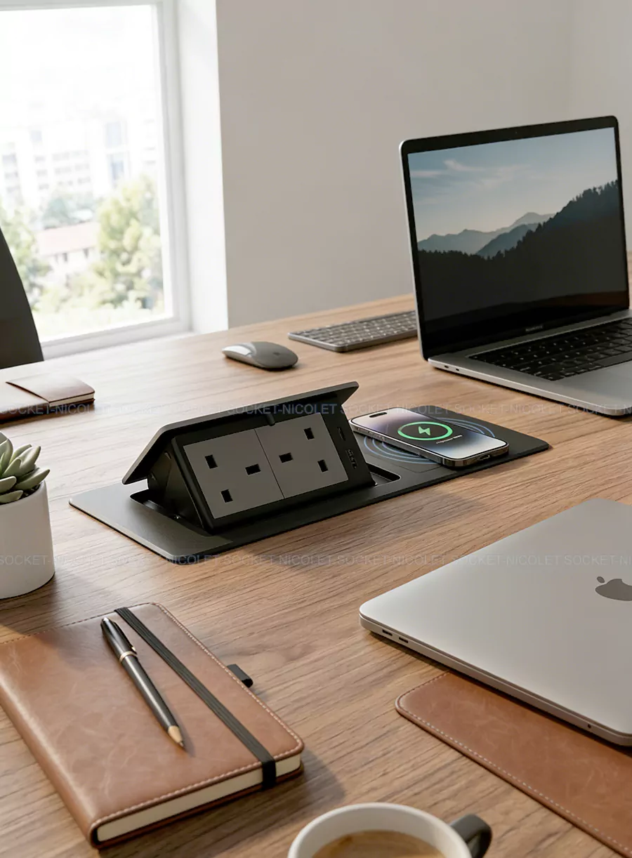 Furniture Pop-Up Desk Sockets With Qi Wireless Charging for home office desk | Nicolet NPR-053 Pop-Up Desk Sockets With Qi Wireless Charging