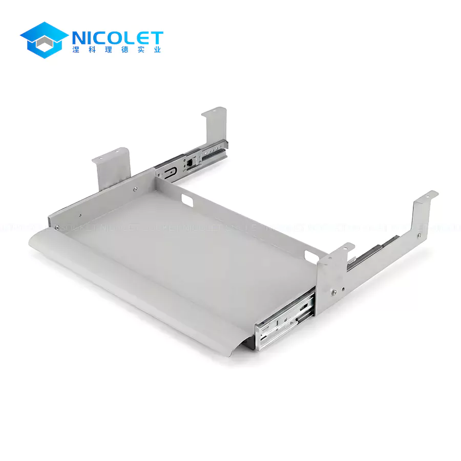 Keyboard Trays & Drawer Systems Nicolet Workspace NPK-7 cold-rolled steel under-desk keyboard tray manufacturer in matte black finish mounted on office workstation