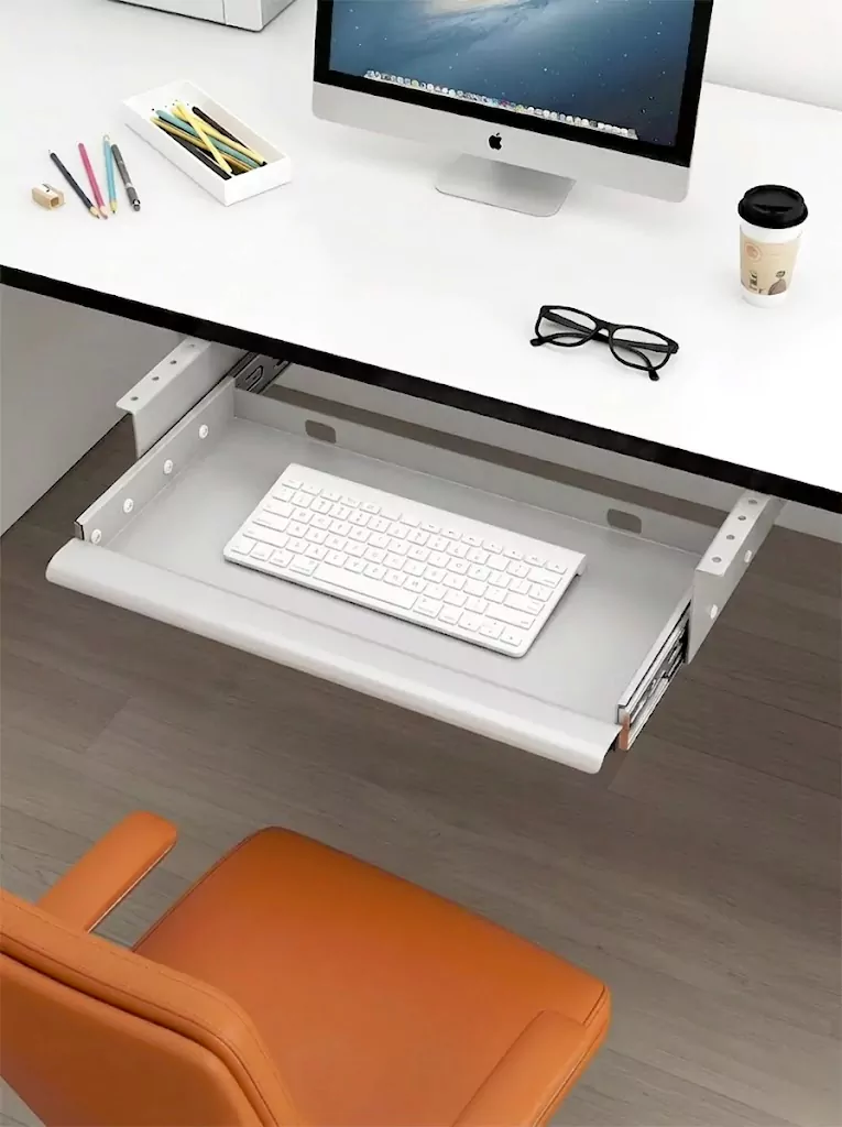 Nicolet Workspace NPK-7 cold-rolled steel under-desk keyboard tray manufacturer in matte black finish mounted on office workstation