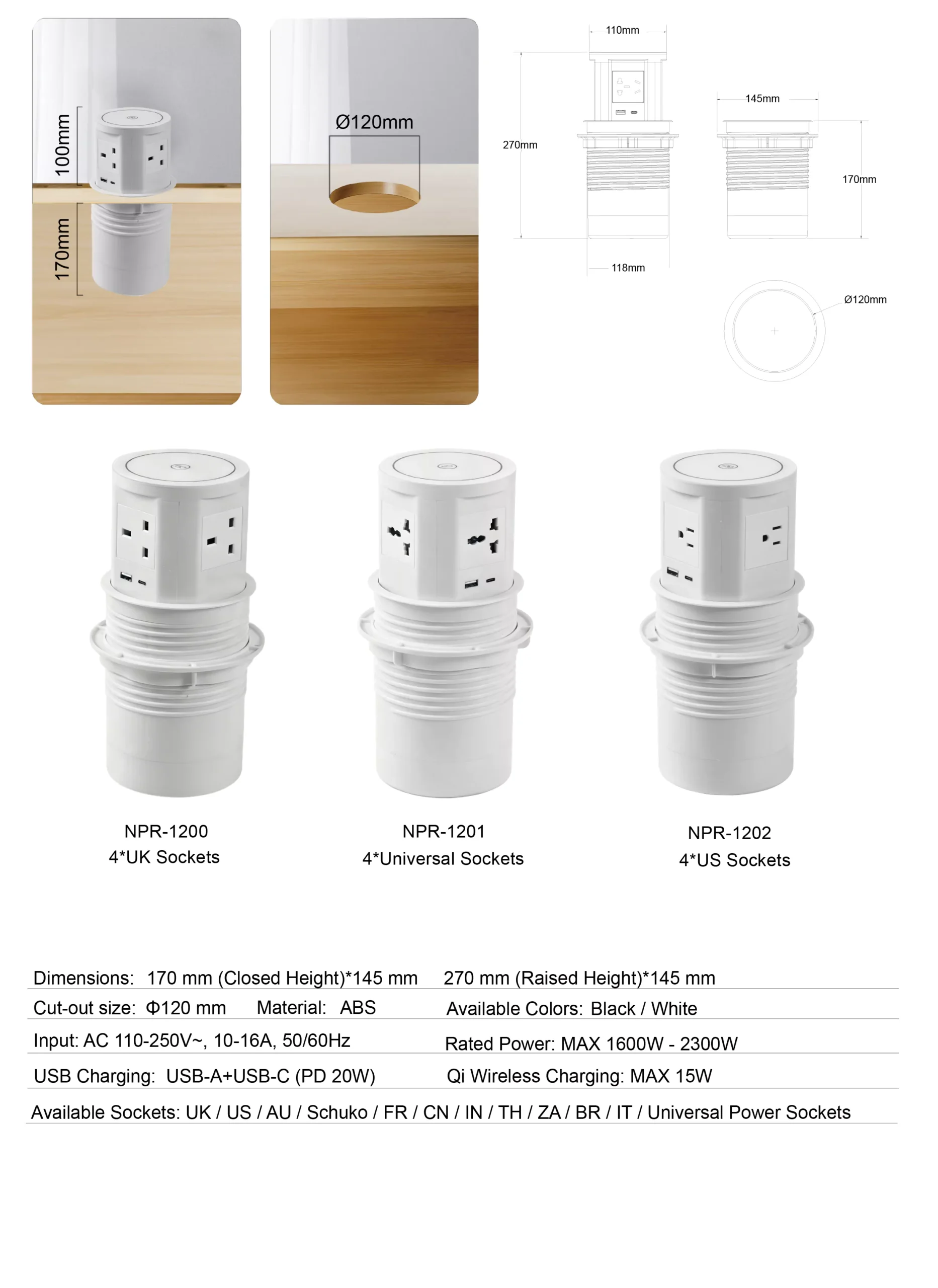 Pneumatic Pop-Up Desk Sockets With USB-A+USB-C for Office Meeting Table | Nicolet NPR-1200 Pneumatic Pop-Up Desk Sockets