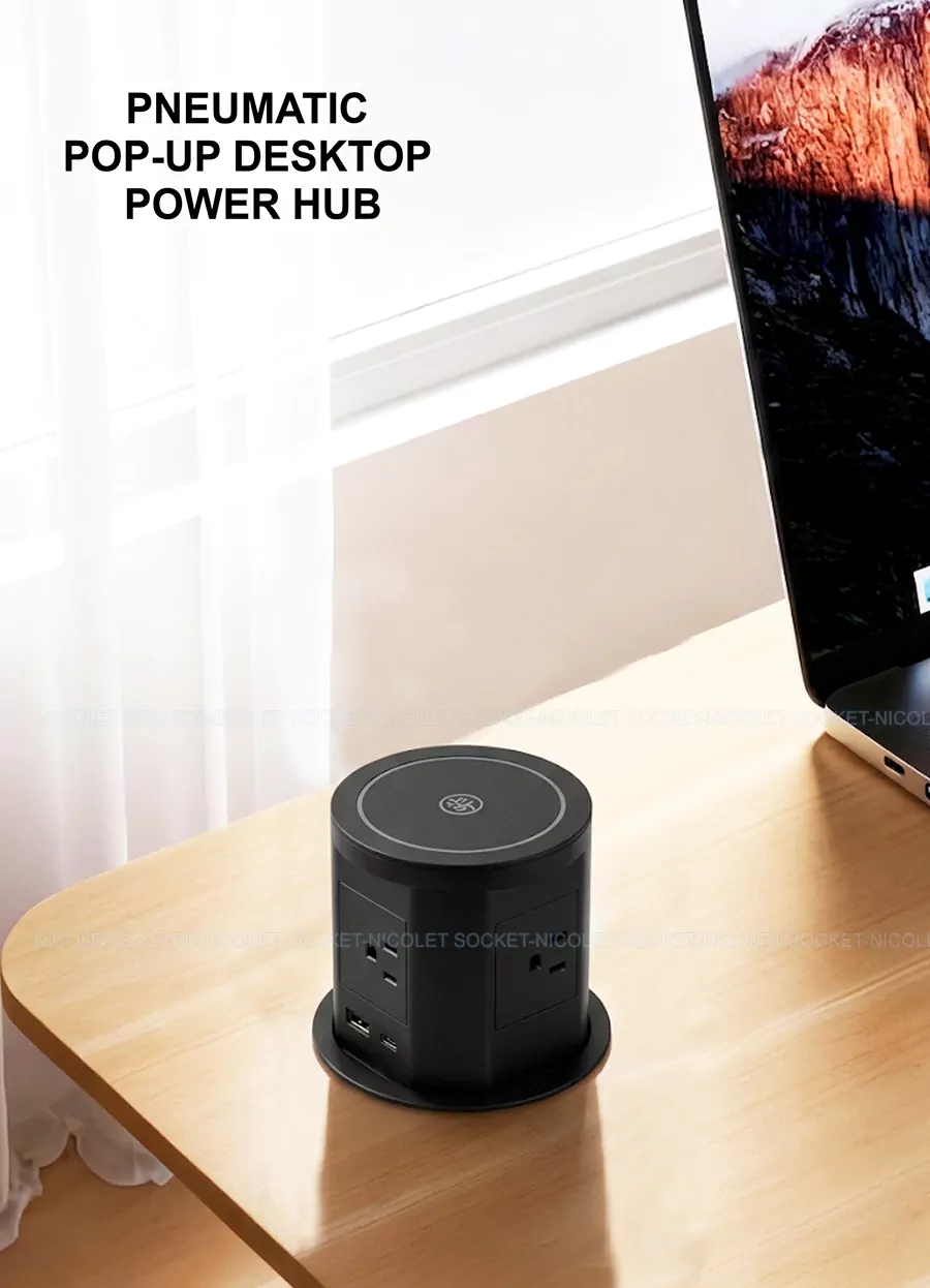 Pneumatic Pop-Up Desk Sockets With USB-A+USB-C for Office Meeting Table | Nicolet NPR-1200 Pneumatic Pop-Up Desk Sockets