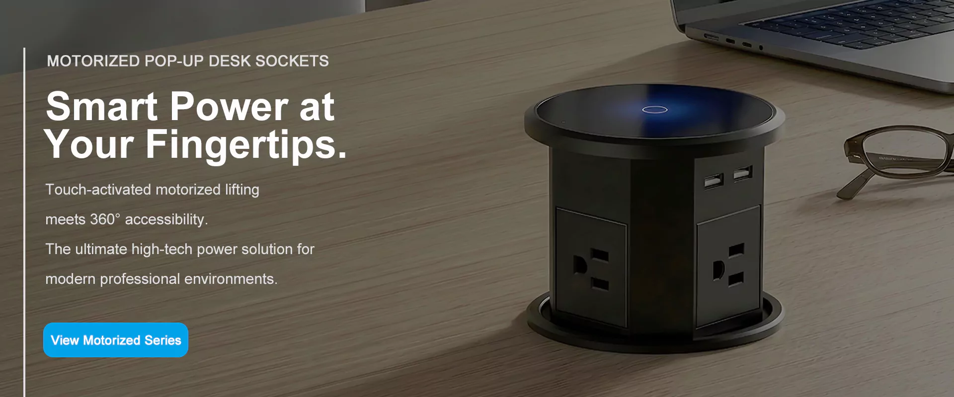 High-end motorized pop-up desk socket with wireless charging and 360-degree connectivity for modern offices.