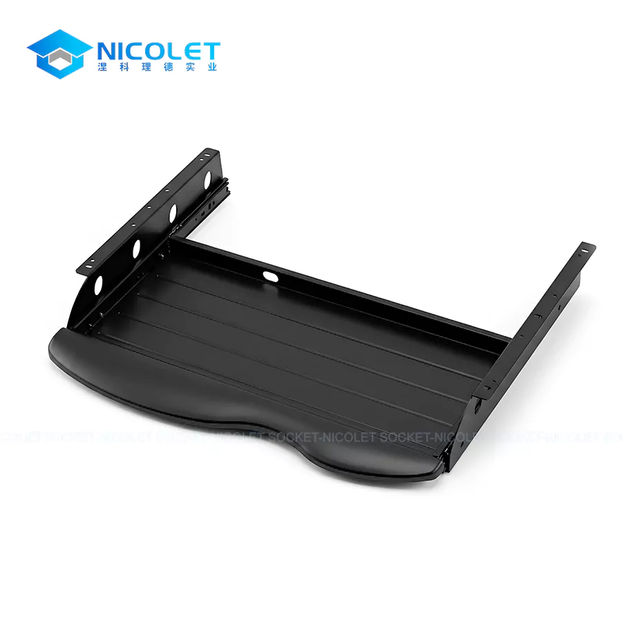 nicolet npk 4 steel under desk keyboard tray | ergonomic office solutions Nicolet NPK-4 ergonomic keyboard drawer mounted on a modern corporate desk setup