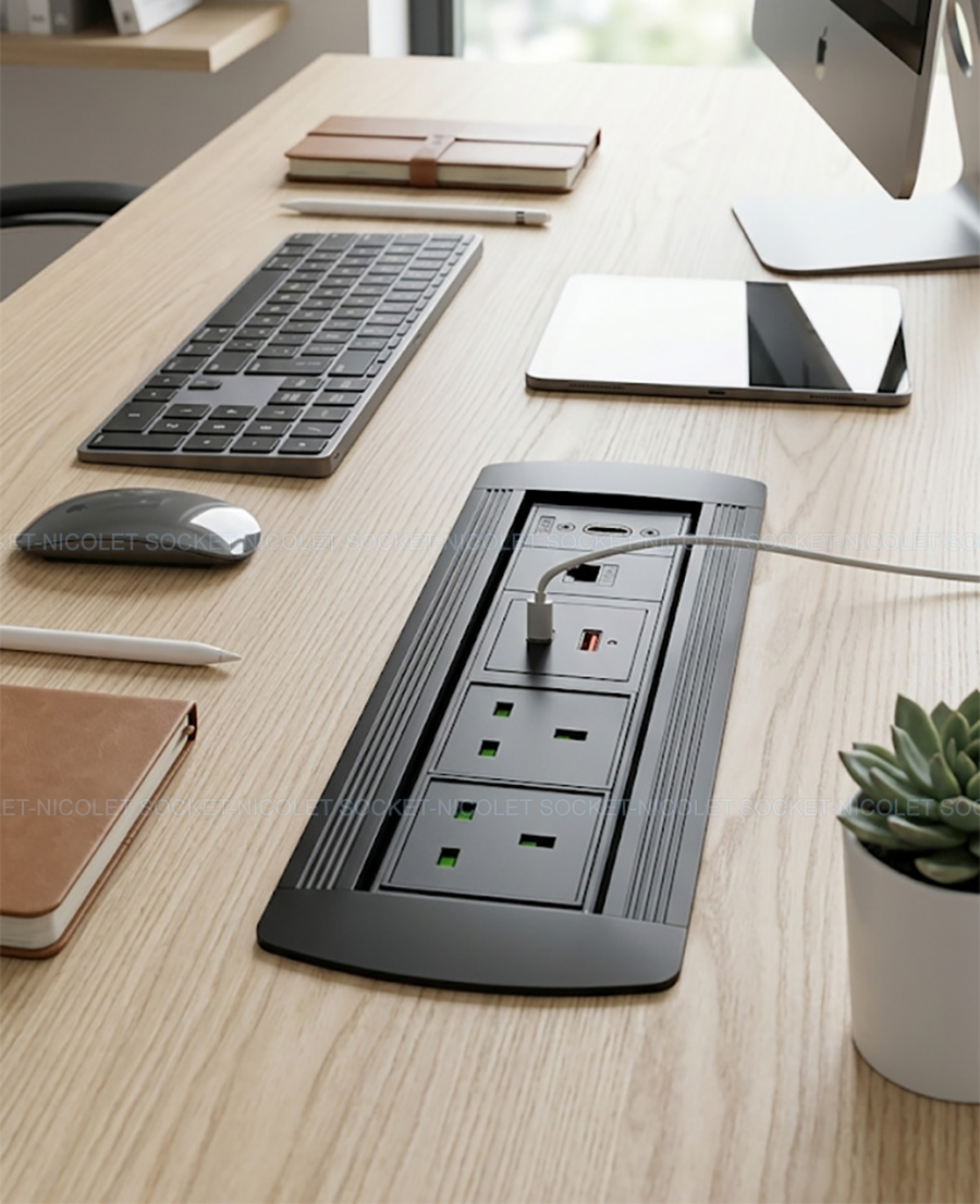 UK Manual Rotating Desk Power Socket With USB, HDMI, VGA for Office Table | Nicolet NPR-303E Manual Rotating Desk Power Socket With USB