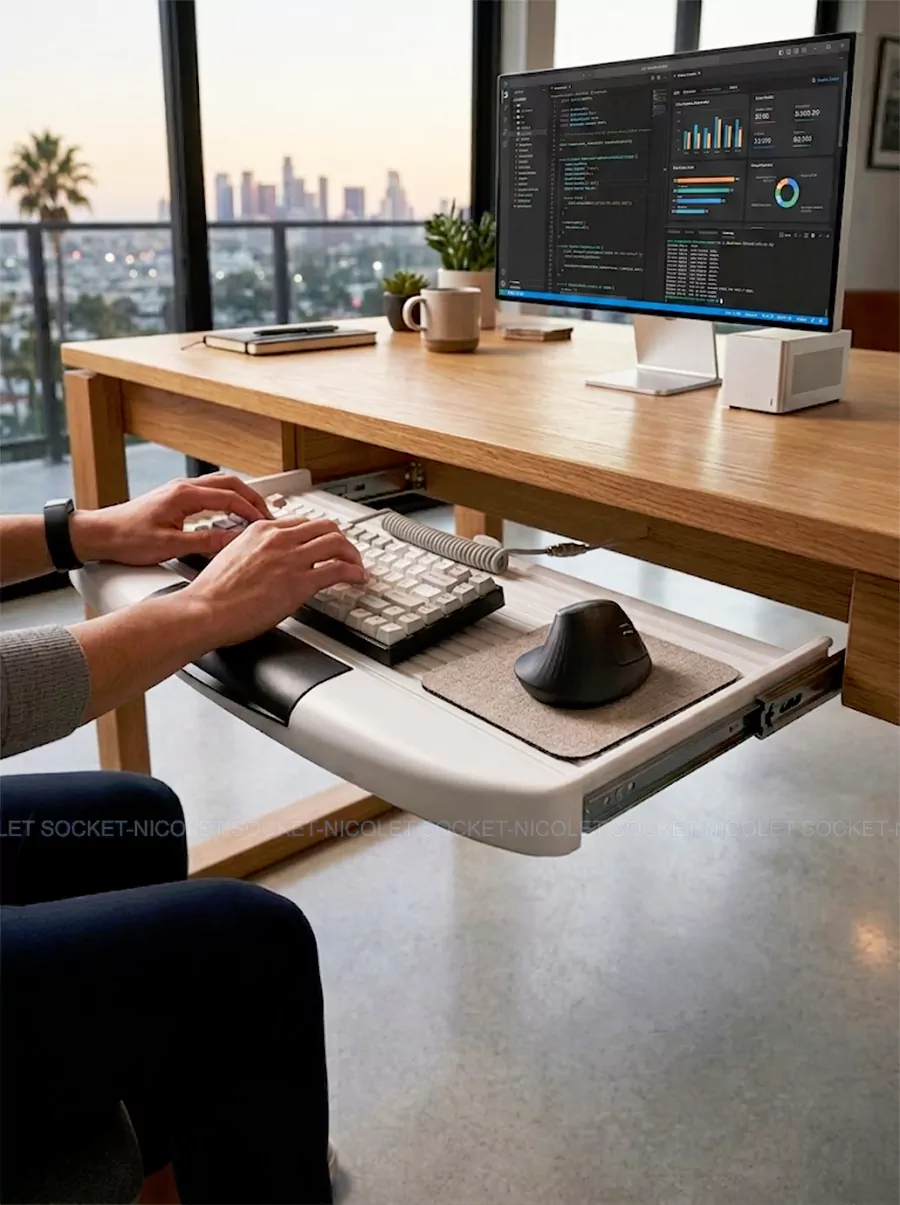 NPK-2 Ergonomic Under-Desk Keyboard Tray | Compact & Height-Adjustable | Nicolet Workspace Nicolet Workspace NPK-2 compact under-desk keyboard tray in matte black finish
