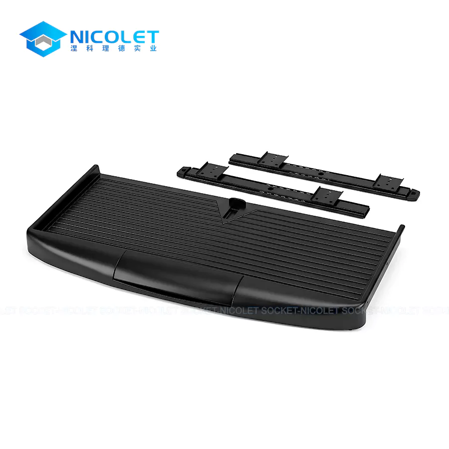 npk 2 ergonomic under desk keyboard tray | compact & height adjustable | nicolet workspace NPK-2 height-adjustable sliding keyboard drawer pulled out from a compact office desk setup