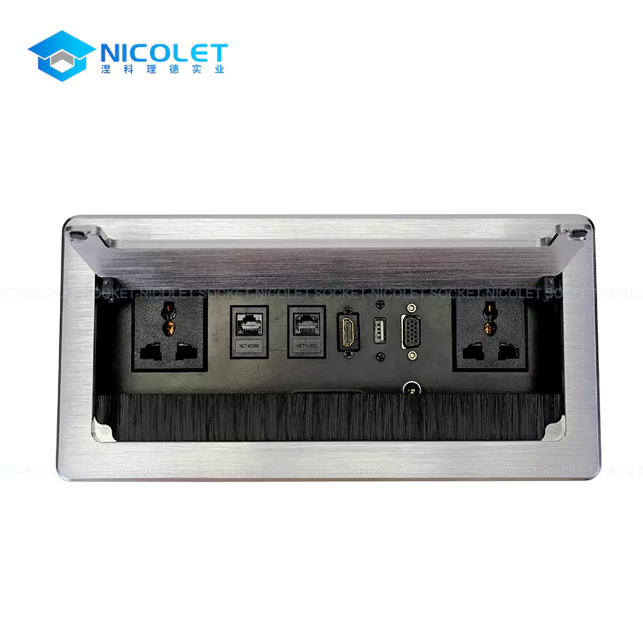 universal flip up desk sockets with usb, vga, hdmi, cat6 rj45 for conference room | nicolet npr l0214