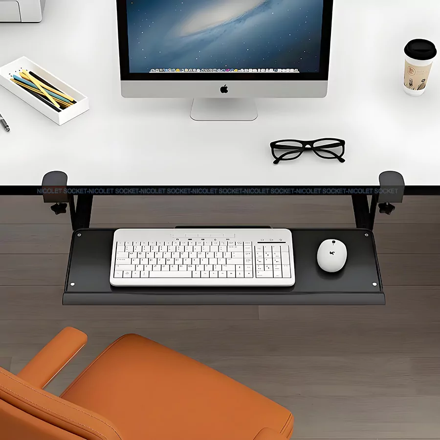 NPK-9 Clamp-On Keyboard Tray | Cold-Rolled Steel | Nicolet Workspace Nicolet Workspace NPK-9 cold-rolled steel under-desk clamp-on keyboard tray with cushioned mouse mat mounted on office desk