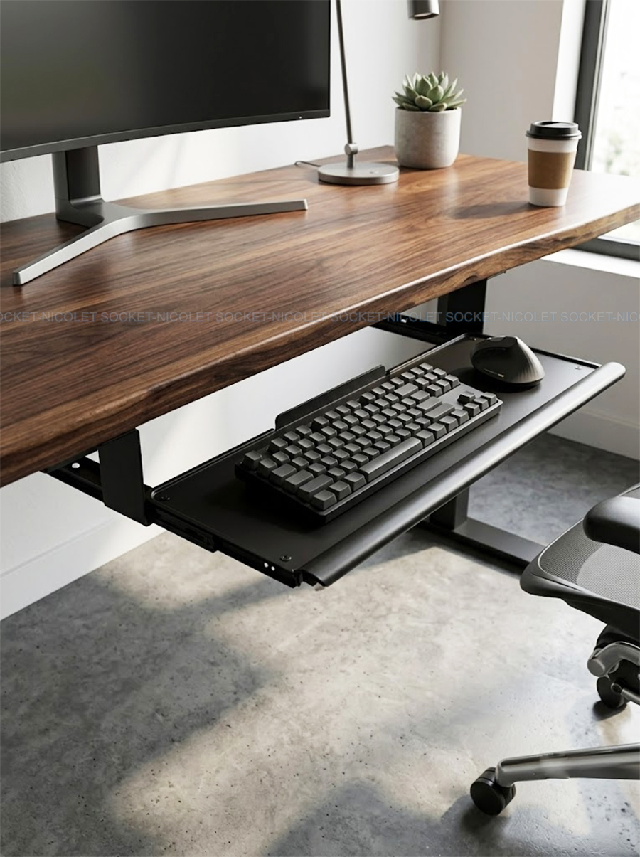 npk 8 wholesale under desk keyboard tray with cushioned mouse mat | nicolet workspace Nicolet Workspace NPK-8 cold-rolled steel wholesale under-desk keyboard tray with cushioned mouse mat in matte black finish mounted on office desk