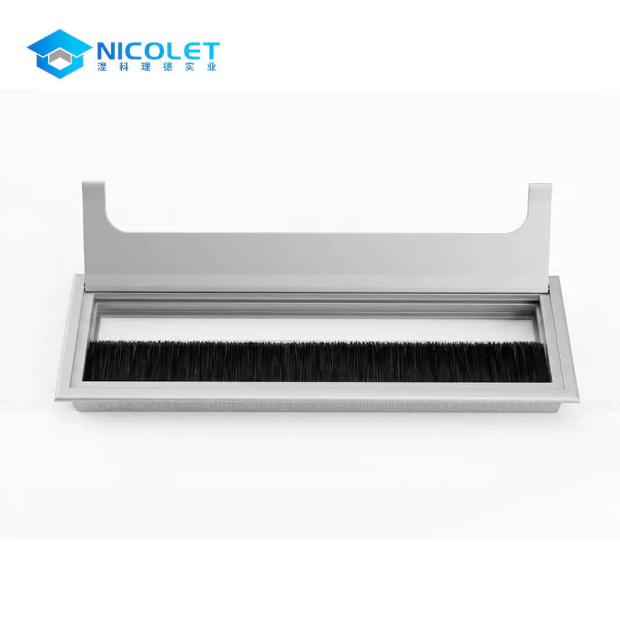 nicolet npg 03 premium aluminum alloy desk cable grommet with brush | flip top cable management solution for office & conference desks Aluminum Desk Cable Grommet with Brush