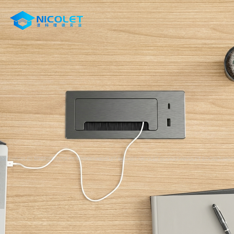 modern soft close aluminium desk cable grommet with usb npg 12 | nicolet workspace manufacturer Desk Cable Grommet with USB