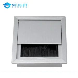 NPG-01B square aluminum desk grommet in anodized black installed on a modern office workstation