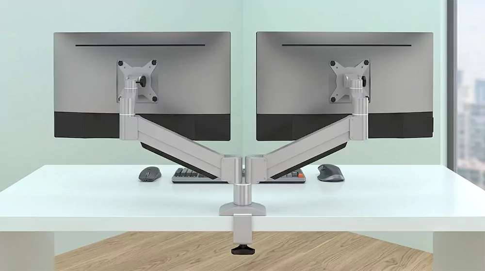 dual monitor arm setup for modern workplace design