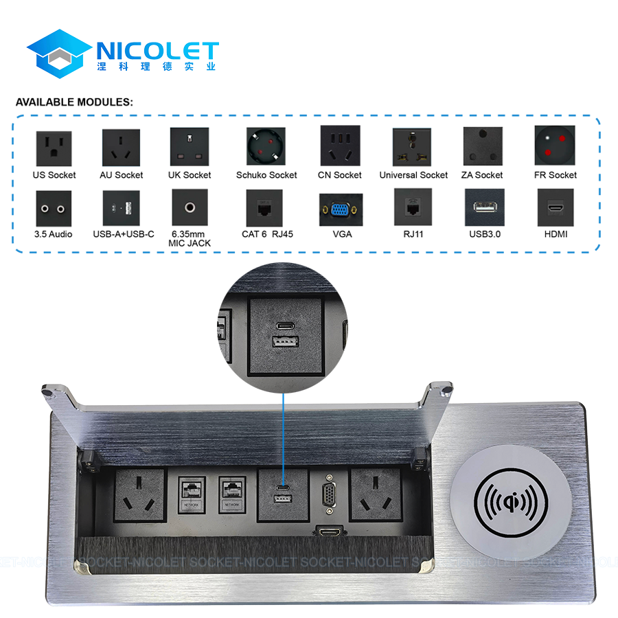 au flip up desktop power socket with wireless charger npr l0351 | nicolet workspace AU Flip-Up Desktop Power Socket Supplier