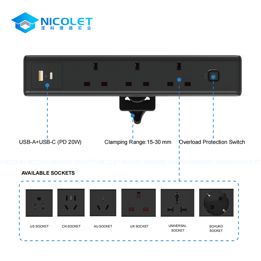 clamp on desk power strip with usb c pd 20w npj 2782 | nicolet manufacturer Clamp-On Desk Power Strip with USB-C