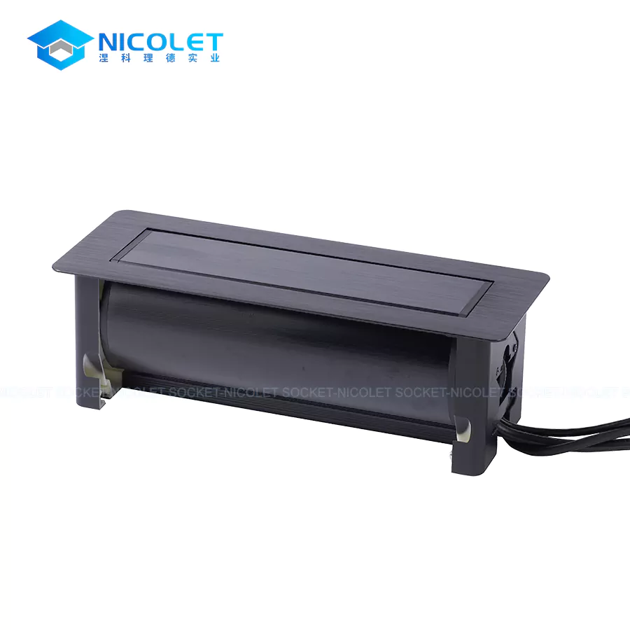 desk power socket with usb c (4) Nicolet NPR-504H manual flip-up UK desktop power module with 2 UK sockets, USB PD charging, CAT6 RJ45, and HDMI pass-through on office desk