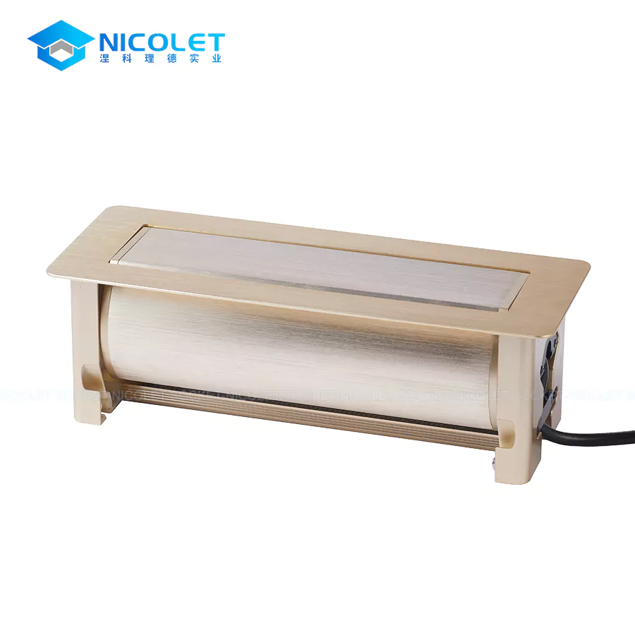 desk power socket with usb c (5) Nicolet NPR-504H manual flip-up UK desktop power module with 2 UK sockets, USB PD charging, CAT6 RJ45, and HDMI pass-through on office desk