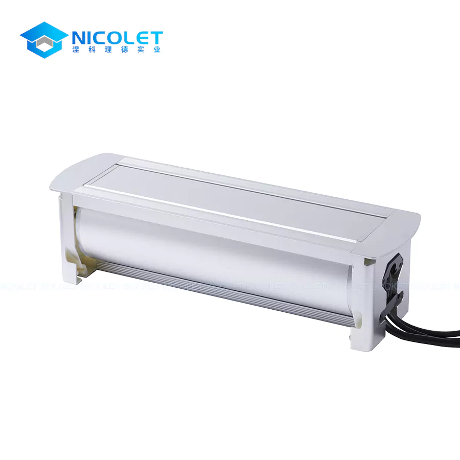 Nicolet NPR-302H manual flip-up Schuko desktop power module with 2 Schuko sockets, USB PD charger, CAT6 RJ45, and HDMI pass-through on office desk