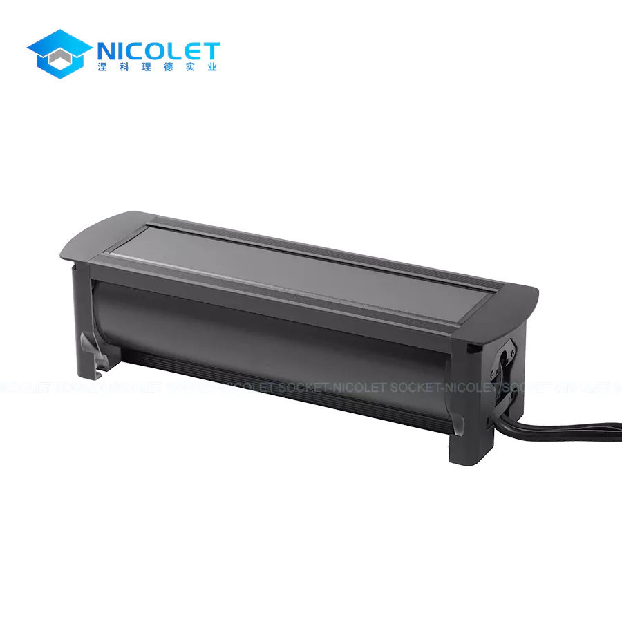 Nicolet NPR-305H manual flip-up US desktop power module with 4 US sockets, USB PD charger, CAT6 RJ45, and HDMI pass-through on office desk