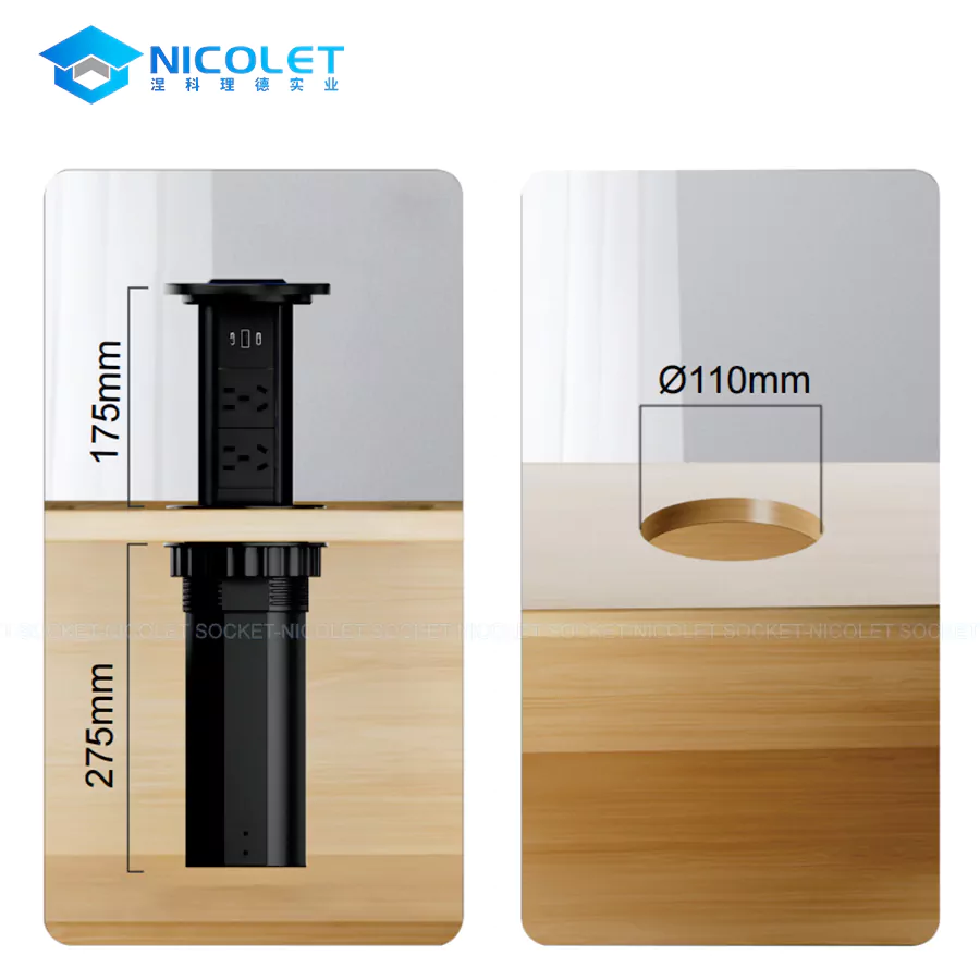 motorized pop up us desk socket (2) Nicolet NPR-1101 compact motorized pop-up desktop power module with 110mm cutout, AC sockets, 45W USB C PD charger, and 15W Qi wireless charger on modern executive office desk