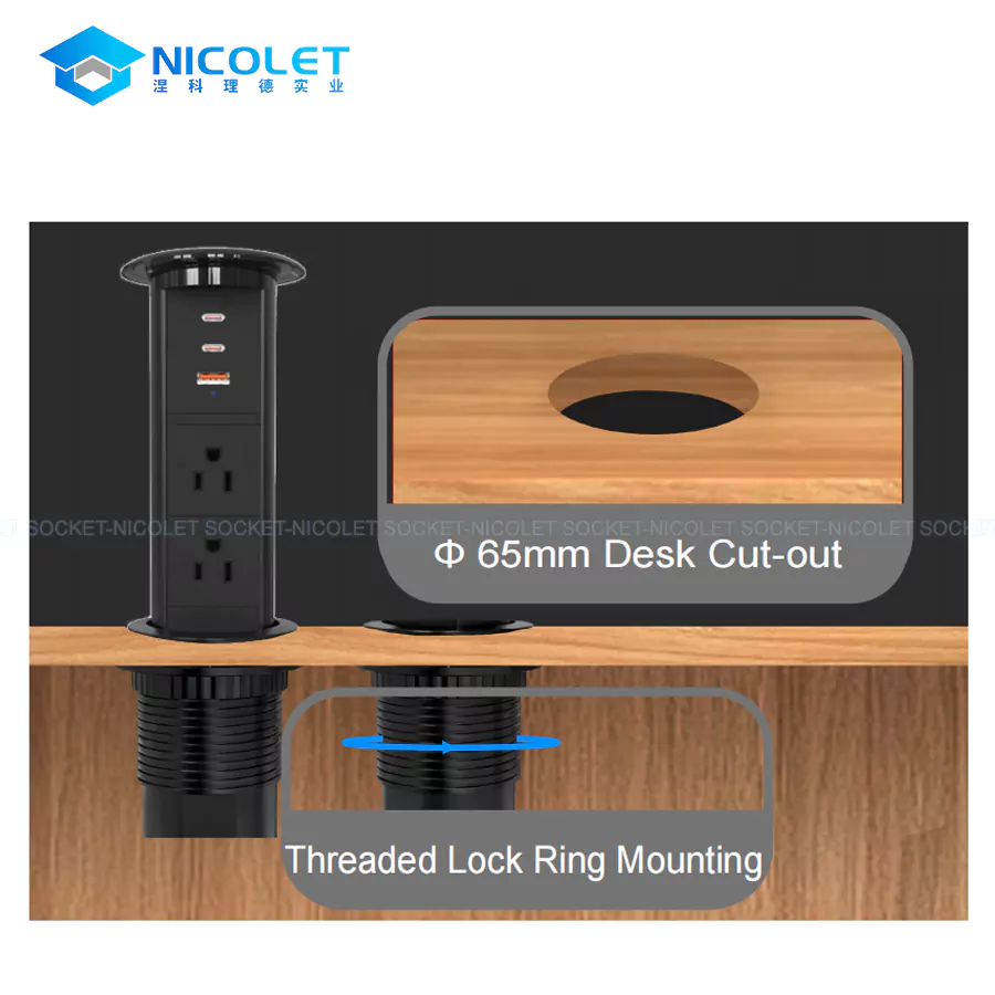 motorized pop up universal desk socket (2) Nicolet NPR-0650 slim motorized pop-up desktop power module with 65mm cutout, 3 universal AC sockets, 65W USB C PD charger, and 10W Qi wireless charger on modern desk