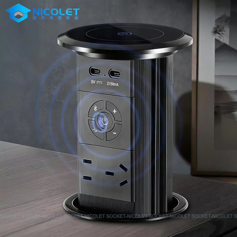 pop up desktop power socket (2) Nicolet NPR-1051 motorized pop-up desktop power module with 4 CN sockets, 4 USB fast charging ports, 15W Qi wireless charger, and Bluetooth speaker on executive office desk