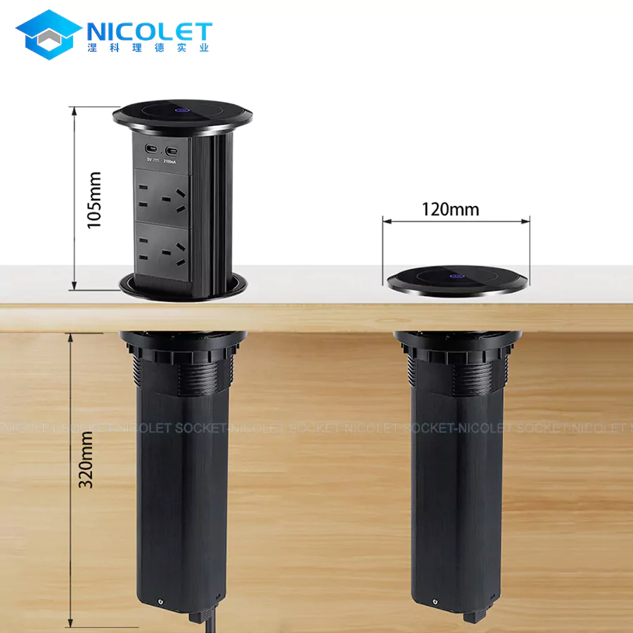 pop up desktop power socket (3) Nicolet NPR-1051 motorized pop-up desktop power module with 4 CN sockets, 4 USB fast charging ports, 15W Qi wireless charger, and Bluetooth speaker on executive office desk