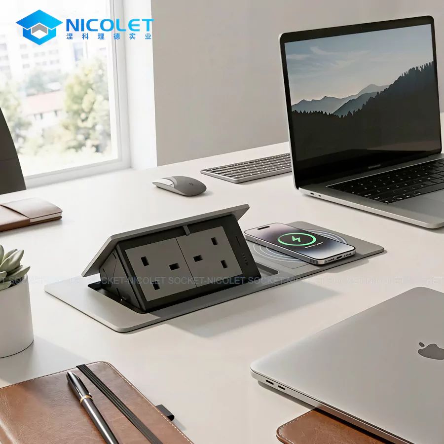 pop up recessed desk power outlet (5) desktop power hub in textured black, silver and white