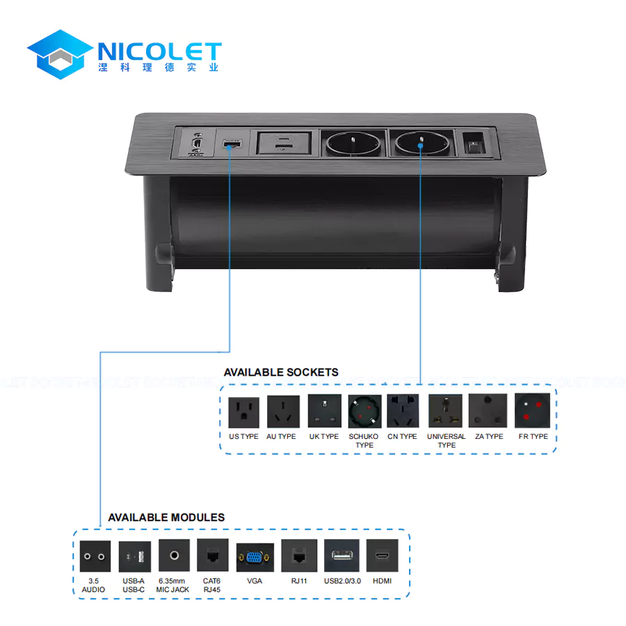 schuko desk power hub (2) Nicolet NPR-505H manual flip-up Schuko desktop power module with 2 Schuko sockets, USB PD charging, CAT6 RJ45, and HDMI pass-through on office desk