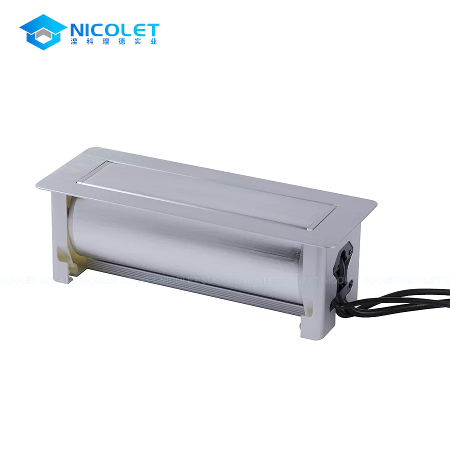 schuko desk power hub (3) Nicolet NPR-505H manual flip-up Schuko desktop power module with 2 Schuko sockets, USB PD charging, CAT6 RJ45, and HDMI pass-through on office desk